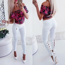 Sexy Off-shoulder Boat Neck Short Sleeve Printed Top