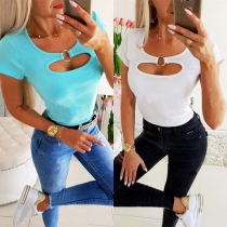 Sexy Hollow Out Short Sleeve Round Neck Solid Color T-shirt