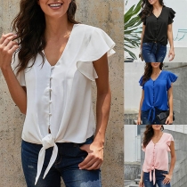 Fashion Solid Color Lotus Sleeve V-neck Knotted Hem Blouse