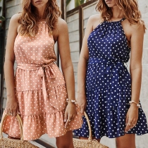 Sexy Off-shoulder Ruffle Hem Dots Printed Sling Dress