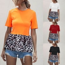 Fashion Leopard Spliced Hem Short Sleeve Round Neck T-shirt