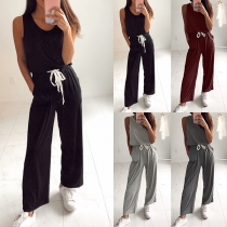 Fashion Solid Color Sleeveless Round Neck Jumpsuit