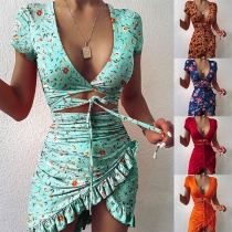 Sexy Deep V-neck Lace-up Irregular Hem Ruffle Printed Dress