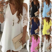 Sexy Off-shoulder Lace Spliced Short Sleeve V-neck Dress
