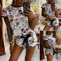 Fashion Short Sleeve Round Neck Printed Top + Shorts Two-piece Set