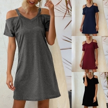 Sexy Off-shoulder Short Sleeve V-neck Solid Color Sling Dress