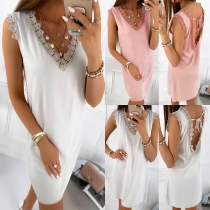 Sexy Backless V-neck Sleeveless Lace Spliced Dress