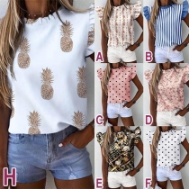 Fashion Lotus Sleeve Round Neck Printed Top