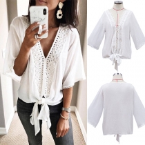 Sexy V-neck Trumpet Sleeve Lace-up Hem Top