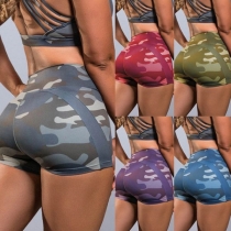 Fashion Camouflage Printed High Waist Stretch Sports Shorts