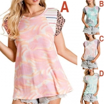 Fashion Leopard Spliced Short Sleeve Tie-dye Printed T-shirt
