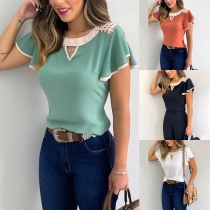 Fashion Contrast Color Lotus Sleeve Round Neck T-shirt