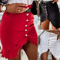 Fashion High Waist Slit Hem Slim Fit Ripped Denim Skirt