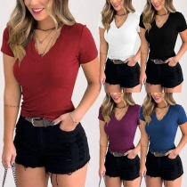 Fashion Solid Color Short Sleeve V-neck Slim Fit T-shirt