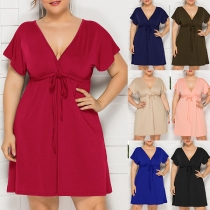 Sexy V-neck Short Sleeve Solid Color Dress