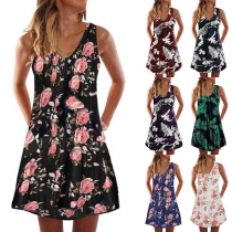 Fashion Sleeveless V-neck Loose Printed Dress