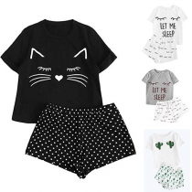 Cute Cartoon Printed T-shirt + Shorts Nightwear Set