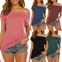 Sexy Off-shoulder Boat Neck Short Sleeve Solid Color T-shirt