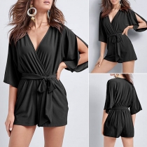 Sexy Slit 3/4 Sleeve V-neck Solid Color Romper