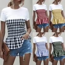 Fashion Plaid Spliced Short Sleeve Round Neck T-shirt