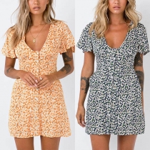 Fresh Style Short Sleeve V-neck Single-breasted Printed Dress