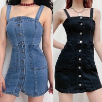 Sexig rygglös enkelknäppt Slim Fit Sling Jeansklänning (Liten i storleken)