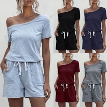 Sexy Oblique Shoulder Short Sleeve Solid Color Romper
