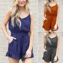 Sexy Backless V-neck High Waist Ruffle Hem Sling Romper