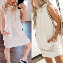Fashion Solid Color Sleeveless Hooded Sweatshirt Dress