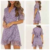 Sexy V-neck Short Sleeve Ruffle Hem Printed Dress