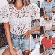 Sexy Short Sleeve Round Neck Hollow Out Top