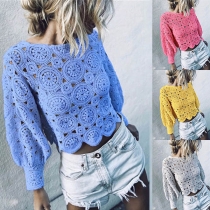 Sexy Lantern Sleeve Round Neck Hollow Out Crop Top