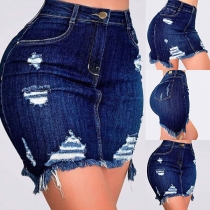 Fashion High Waist Slim Fit Ripped Denim Skirt
