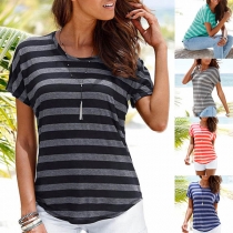 Fashion Short Sleeve Round Neck Striped T-shirt
