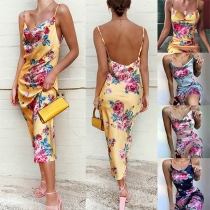 Sexy Backless V-neck Slim Fit Printed Sling Dress