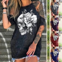 Sexy Off-shoulder Short Sleeve Skull Head Printed T-shirt