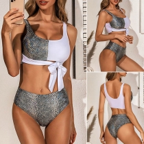 Sexy High Waist Contrast Color Serpentine Printed Bikini Set