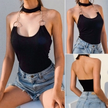 Sexy Off-shoulder Solid Color Chain Halter Bodysuit
