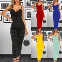 Sexy Backless V-neck Solid Color Slim Fit Sling Dress