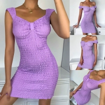 Elegant Solid Color Off-shoulder Boat Neck Slim Fit Wrinkled Dress