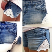 Mellanmidja spetsdekorerade jeansshorts