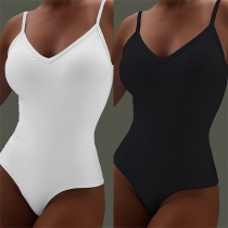 Sexy Backless V-neck Solid Color Sling Bodysuit