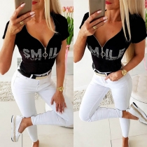 Fashion Rhinestone Letters Printed Short Sleeve V-neck T-shirt