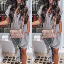 Chic Style Short Sleeve V-neck Slit Hem Solid Color Dress
