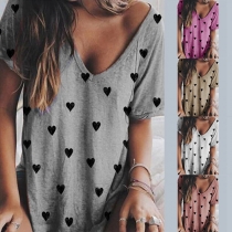 Fashion Heart Printed Short Sleeve V-neck T-shirt