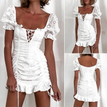 Sexy Puff Sleeve Square Collar Ruffle Hem Slim Fit Dress