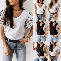 Sweet Style Dots Printed Spliced Lotus Sleeve V-neck Top