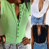 Fashion Sleeveless Round Neck Front-button Slim Fit Tank Top