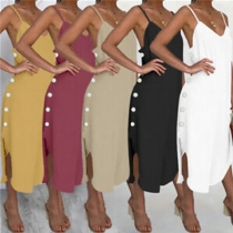 Sexy Backless V-neck Irregular Hem Solid Color Sling Dress