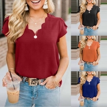 Fashion Solid Color Short Sleeve V-neck Blouse
